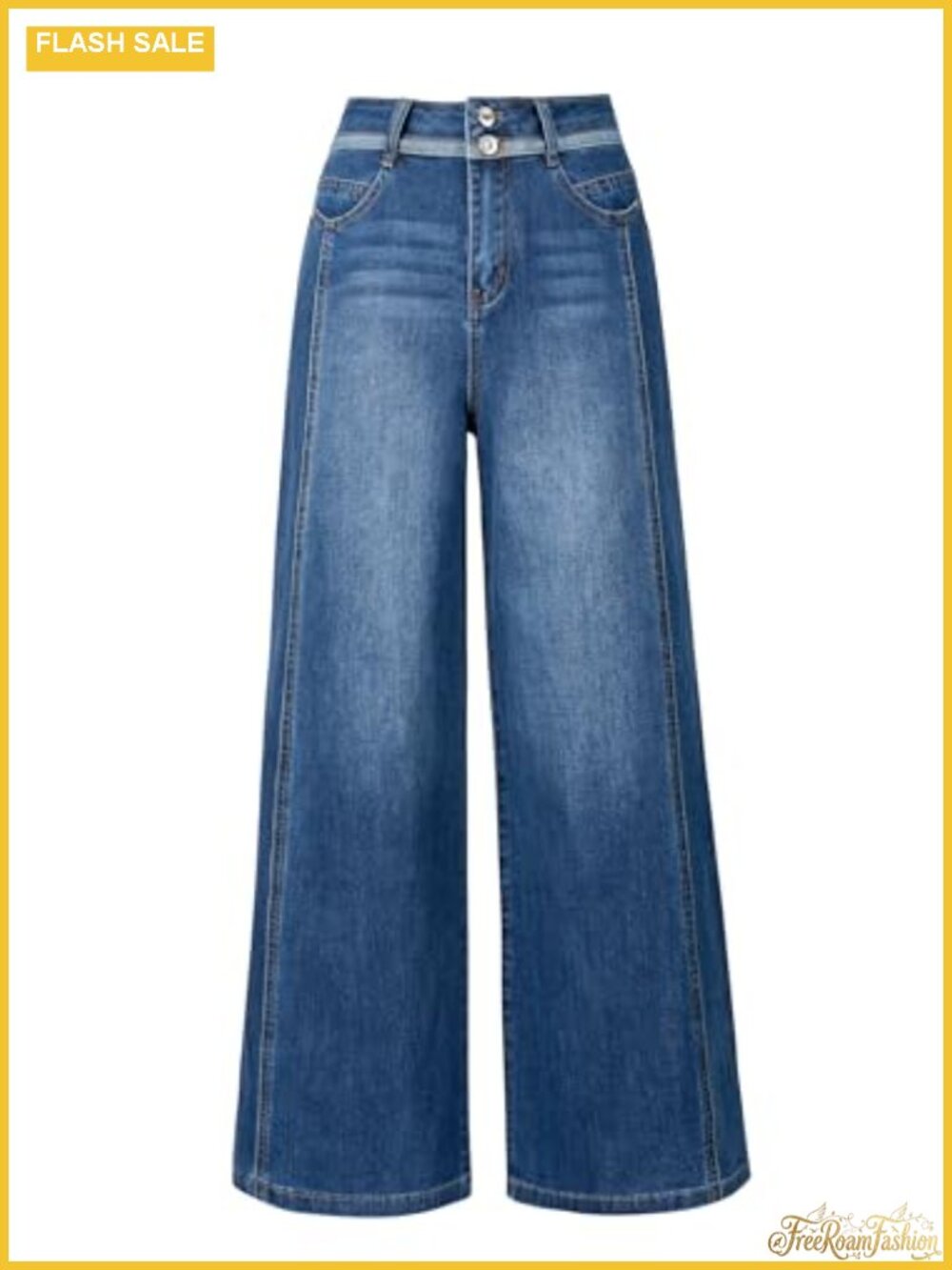 High Rise Wide Leg Stretch Denim Jeans with Contrast Waistband